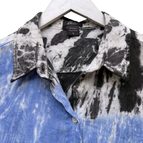 Pure Amici Linen Shirt Size Small Blue Gray Tie Dye Womens Button Up Top - Picture 3 of 8